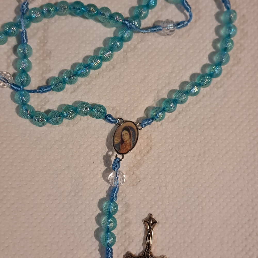 Blue Beaded Rosary Necklace